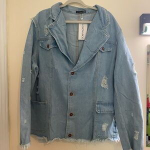 Blue Lightweight Denim Shirt Jacket with Distressed Details